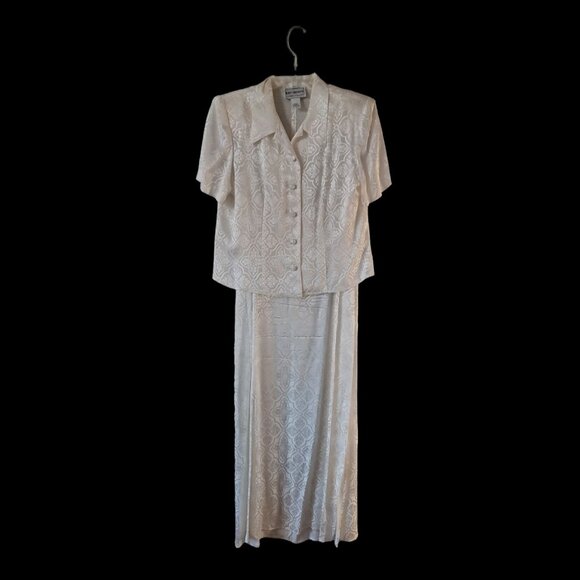 Vintage Slip Dress and Jacket Cream White Ivory Jacquard Satin Evening Size 10 - Picture 1 of 15